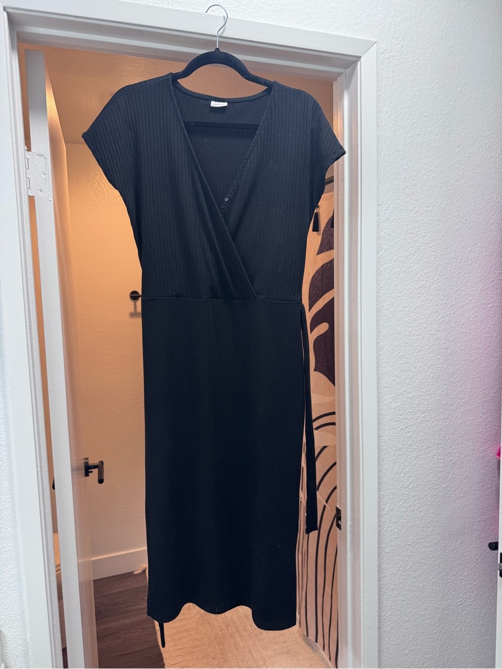 Ribbed Black Midi Wrap Dress with Waist Tie